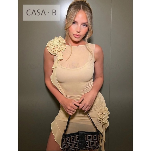 5⭐️CASA B | Florencia Sheer Mesh Floral Appliqué Dress in Nude - Picture 3 of 11